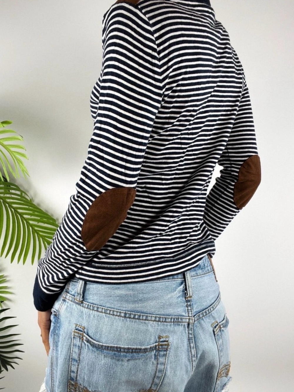 Striped Long-Sleeve Top with Brown Elbow Patches
